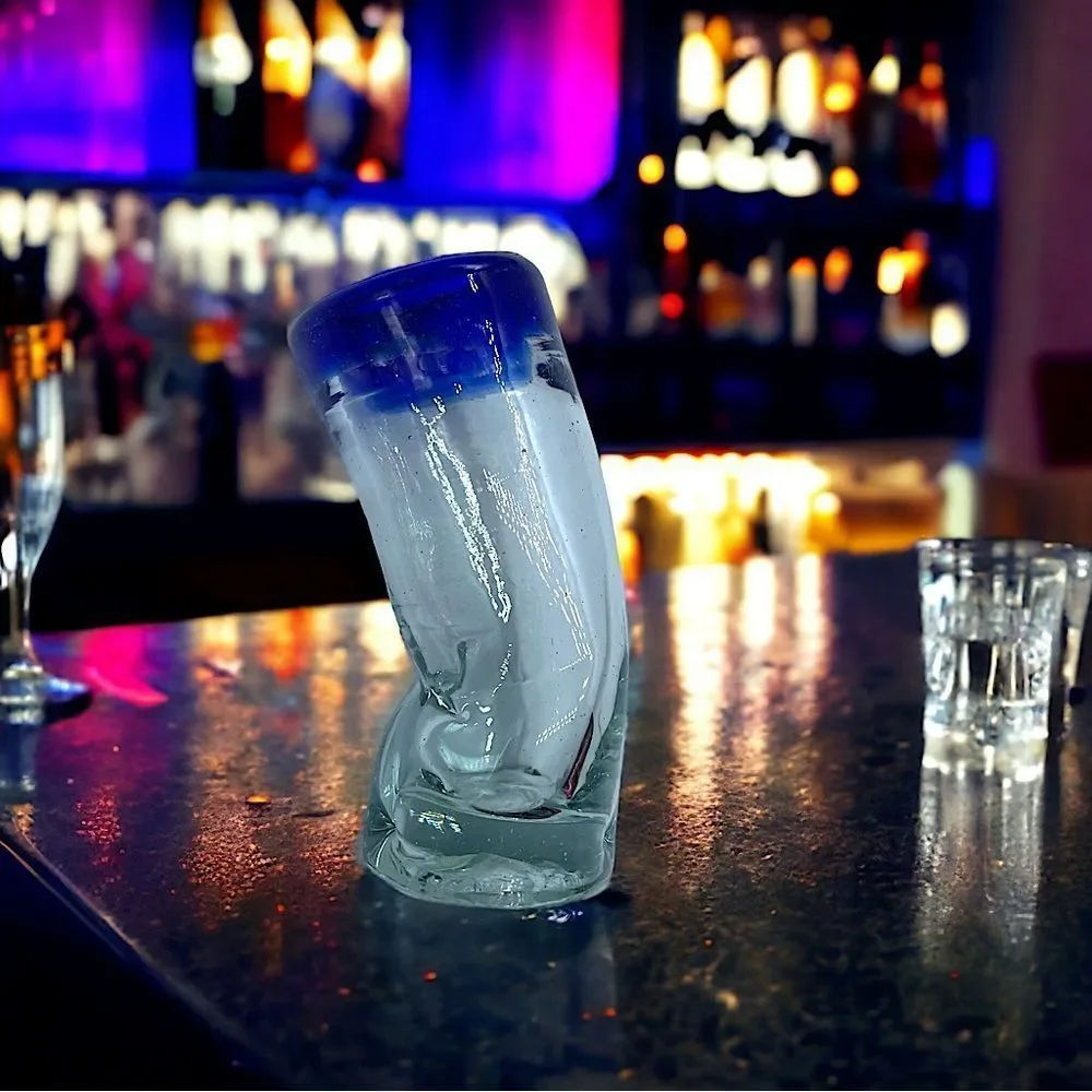 Crooked Tall Shot Glass l Royal Blue Rim l EUC